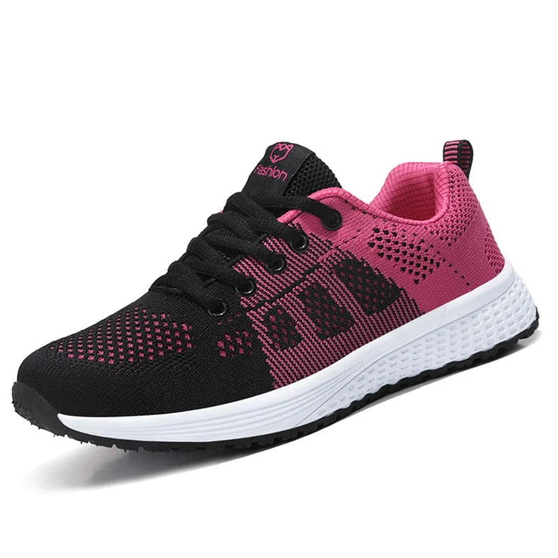 Tênis feminino casual respirável para caminhada, malha com cadarço, calçado baixo, tênis feminino, rosa, preto e branco